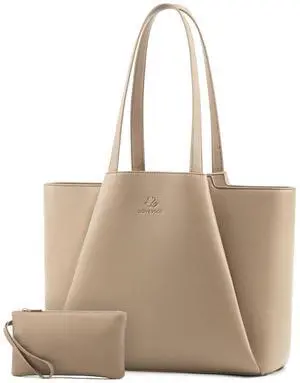 LOVEVOOK 17" Faux Leather Laptop Tote w/Clutch | Large Capacity Work Bag for Women | Business Travel | Sandy