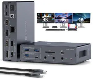 JCYMELE Thunderbolt Docking Station 3 Monitors 4K@60Hz for M1 M2 M3 M4 MacBook Pro/Air with DisplayLink Technology, 19 in 1 USB C Dock with 2 HDMI & 2 DisplayPort, PD 100W, QC 18W, USB 3.2 10 Gbps