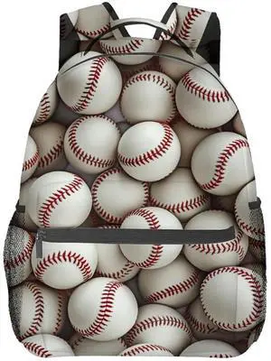 CUEBOS Baseball Backpack, Polyester Laptop Bag, Realistic Seamless Ball Print Backpacks, Base Sport Back Pack, Rucksack Gifts for Athletic Lover, Teens Bookbag, Travel Daypack, Hiking, Camping
