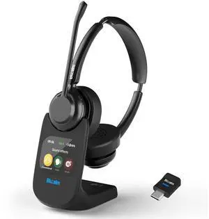 Blucalm V5.4 Wireless Headset with AI Touchscreen Base, Business Computer Headset with Microphone & 2.4G Dongle for PC, Wireless Headphones with Noise-Cancelling Mic for Work Office, WFH, Teams, Zoom