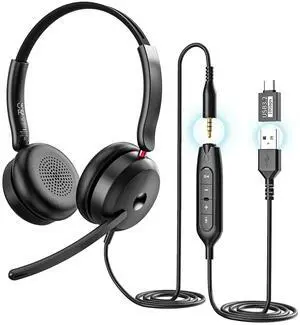 USB-C/USB-A/3.5mm Wired Headset with Noise Cancelling Microphone | On-Ear Office Headphones for PC/Laptop | Line control & All-Day Comfort for Call Center, Video Conferencing, Remote Work,Online Class