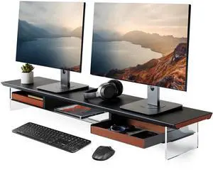 Fenge Acrylic Monitor Stand, 2 Tier Dual Monitor Riser with Solid Wood Drawers, 42.5 Inch Computer Stand for Two 27 Inch Monitors, Desk Shelf for PC, Laptop, Printer, TV, Black