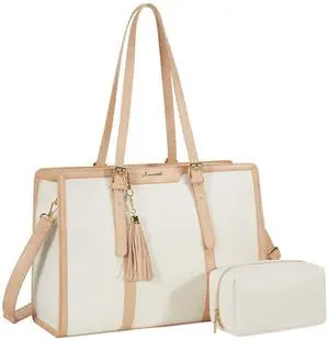 LOVEVOOK Laptop Bag for Women 15.6 inch Lightweight Canvas Laptop Tote Bag, Large Capacity Computer bag with Clutch Purse for Business, Work, Office, Travel, SchoolPearl White & Beige15.6 Inch