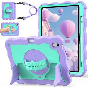 ZoneFoker for iPad A16 11th Generation 2025 / 10th Gen Case 2022, for 11 Inch / 10.9 Inch iPad Case Heavy Duty Cover Shockproof with Pencil Holder [360° Rotate Strap] & Stand for Kids, Purple Green
