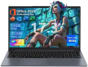 Nmybwo 17.3-inch Business Laptop PC, in tel N150 CPU(Up to 3.6GHz) 16GB RAM 512 GB NVMe SSD,FHD IPS Large Screen,Win11 Pro,Backlit Keyboard,6000mAh Battery, HDMI, USB 3.0, Type-C, Wi-Fi (16G+512GB)
