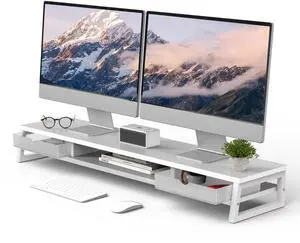 Fenge Dual Monitor Stand, Monitor Riser with Drawer, 42.5 Inch Large Computer Monitor Stand for 2 Monitors, 2 Tier Wooden Desk Shelf for Top of Desk