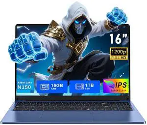 FUNYET Gaming Laptop, 16 Inch Laptop Computer with Win 11 Pro, 12th Gen N150 Processor(up to 3.6GHz), 16GB RAM 1TB SSD, Backlit Keyboard, Bluetooth, FHD 1920 * 1200. Dark Blue.