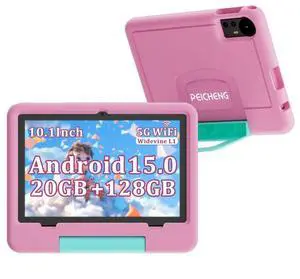 PEICHENG Tablet for Kids with EVA Protective Case, Android 15.0 Toddler Tab PC 10.1Inch RAM 20GB(4+16Expand) + ROM 128GB IPS 800 * 1280 5.0Bluetooth (Pink)