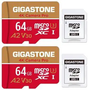 Gigastone 64GB Memory Card 2 Pack 4K Pro Camera Compatible with GoPro Switch Speed 95MB/s A2 U3 V30 Micro SDXC Card with SD Adapter