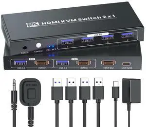 HDMI KVM Switch 1 Monitor 2 Computers, 8K60Hz 4K120Hz USB 3.0 2 Port HDMI KVM Switch for 2 PC Management Via 1 Set of Keyboard Mouse and 1 Monitor