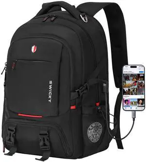 SWICKY 40L Travel Backpack Outdoor, Expandable Backpack with Shoe Compartment/Laptop Bag/Water Resistant/USB Port for Women & Men, Ideal for Travel and HikingBlack