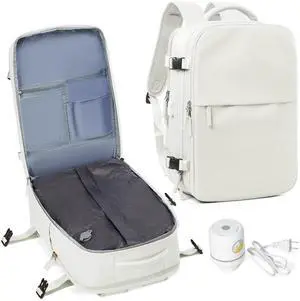 suwasp Vacuum Compression Backpack, 35L Expandable Travel Backpack with Electric Vacpack Pump, Travel Vacuum Bags with Shoe Compartment/15.6inch Laptop Compartment/USB Port, White