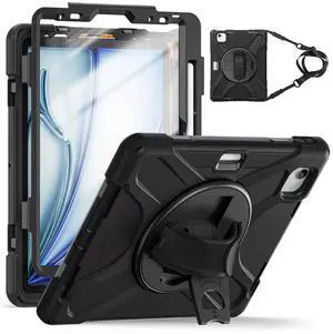 TSQQST for iPad Air 11 Inch Case M3/M2 2025 2024 w/Screen Protector, Case for iPad Air 7th/6th/5th/4th Gen 10.9" Military Grade Heavy Duty w/Pencil Holder+360 Rotate Stand+Hand Strap, Black