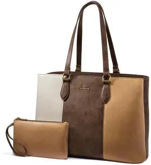 LOVEVOOK Laptop Work Bag for Women, 15.6 Inch Waterproof Vintage PU Leather Tote Purse with Wristlet, Professional Computer Bag for Teacher,Office, Daily