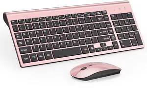 Wireless Keyboard and Mouse Ultra Slim Combo, TopMate 2.4G Silent Compact USB 2400DPI Mouse and Scissor Switch Keyboard Set with Cover, Batteries Included, for PC/Laptop/Windows/Mac - Rose Gold Black