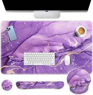 Britown Desk Mat, Purple Gold Marble Mouse Pad Set Lavender 4-in-1 Large Mousepad+Keyboard Wrist Rest+Mouse Wrist Rest+Coaster with Ergonomic Design, Non-Slip Mat