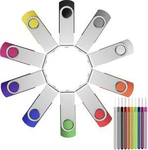 FEBNISCTE Thumb Drive 4GB 10 Pack USB Flash Drives Bulk, Swivel Jump Drive 4 GB Multi-Coloured Pen Drive USB 2.0 Memory Stick with Cords, Data Storage Pendrive 10 Color Assorted Zip Drives