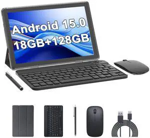 2 in 1 18GB+128GB Tablet 10.1 inch Android 15 Tablet Set Tablets with Keyboard Case wireless Mouse Stylus Screen Flim 10.1 IN 1280*800 HD Touch Screen 8MP Dual Camera Games Tab Wi-Fi BT Tableta PC
