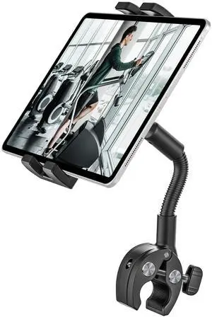 woleyi Gooseneck Tablet Bike Mount for Indoor Cycling, Gym Treadmill, Spin bike, Stationary Exercise bicycle, Peloton Handlebar, Elliptical, Stroller Clamp for iPad Pro/Air/Mini, Phone, 4.7-13" Tablet
