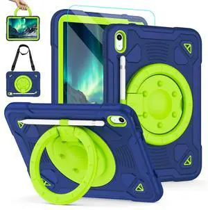 Case for iPad (A16) 11th /10th Generation 11/10.9 Inch 2025/2022 with Screen Protector 360° Rotating Stand Shoulder Strap Pencil Holder,Military Grade Shockproof iPad Case 10th GenerationNavy Green