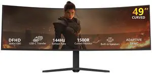 Vandossy 49 Curved Gaming Monitor, USB-C 65W, 144Hz Ultrawide, Built-in Speakers, DP, HDMI, PIP/PBP, 32:9 Dual FHD 3840x 1080P, Tilt/Swivel/Height Stand, R1500 Curve PC Monitor