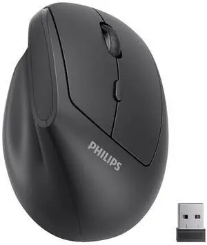 PHILIPS Ergonomic Mouse - Vertical Mouse with 800/1200/1600 Adjustable DPI, 6 Silent Buttons Design for S/M Hands, Auto Power Saving,Light Weight, 2.4GHz Wireless Mouse for Laptop, Desktop, PC-Black