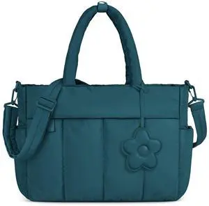 RAINSMORE Tote Bag for Women Lightweight Puffer Tote Bag with Compartments and Shoulder Strap Quilted Travel Bag Nurse Shoulder Bag Handbag Carry On Bag for Travel, Work, Green