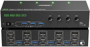 KVM Switch 3 Monitors 4 Computers 4K@60Hz,EDID Simulation,USB 3.0 HDMI Displayport KVM Switch Triple Monitor for 4 PC Share 3 Monitors and Keyboard Mouse Printer,with Wired Remote and 4 USB Cables