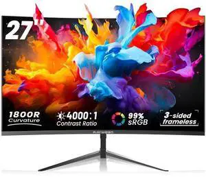 Raywego 1800R 27 inch Curved Monitor 1080p,Borderless Display,4000:1 Contrast Ratio,75Hz Computer Monitor with FreeSync & Eye-Care,Tilt Adjustable for Home Office,Eye Comfort(HDMI Cable Included)