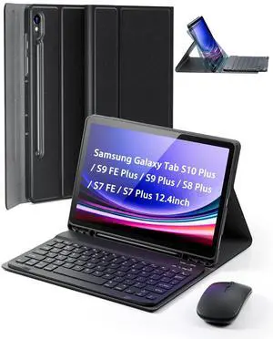 TUNKARMOR Case Keyboard for Samsung Galaxy Tab S10+ Plus / S9 FE+ Plus / S9+ Plus / S8+ Plus / S7 FE / S7+ Plus 12.4inch - Mouse and Magnetic Keyboard, Slim Case with S Pen Holder