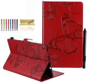 Dteck Fire HD 10 Case (9th/7th/5th Generation, 2019/2017/2015 Release) - Slim Premium PU Leather Case Embossed Butterfly Design Folio Stand Wallet Cover for All-New Kindle Fire HD 10.1" Tablet,Red