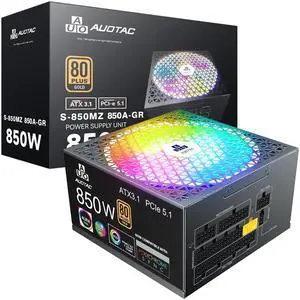 Auotac 850W Fully Modular Power Supply 80+ Gold Certified with 12V-2x6 Cable  ATX 3.1 & PCIe 5.1 Compliant, 140mm RGB Low-Noise Smart Fan, 105-Rated Capacitors, Black