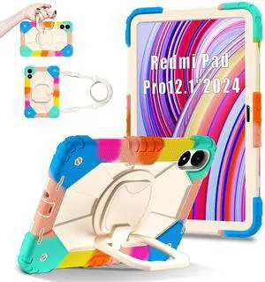 YOUULAR Shoulder Strap Tablet Case for Xiaomi Redmi Pad Pro/Xiaomi Poco Pad 5G 12.1 inch, Heavy Duty Shockproof Protective Cover with Kickstand, Handle, Shoulder Strap for Kids Women Man Colorful Blue