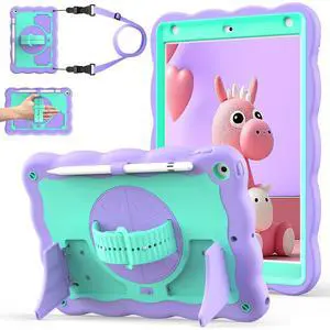 ZoneFoker Case for iPad 9th Generation Case / 8th Gen / 7th Gen 10.2 Inch 2021 2020 2019, Heavy Duty Shockproof Cover with Pencil Holder [360° Rotate Strap] & Stand for Kids, Purple Green