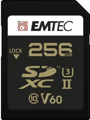EMTEC - UHS-II U3 V60 SpeedIN Pro+ ECMSD256GUHS2V60 SDXC Card - Memory Card - Burst Photos, Full HD, 3D, 4K, 8K UHD Videos - Storage Capacity 256GB, 256GB - 2 PIN Rows on The Back - Black/Gold