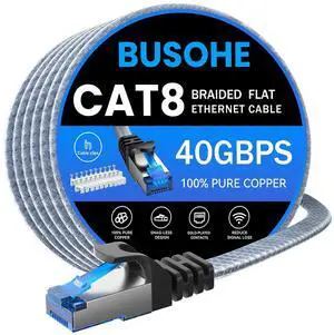 BUSOHE Cat 8 Ethernet Cable 100 ft, Nylon Braided High Speed Heavy Duty Network LAN Patch Cord, 40Gbps 2000Mhz SFTP Shielded RJ45 Flat Internet Cable for TV/PC/Router, in Wall, Indoor, Outdoor