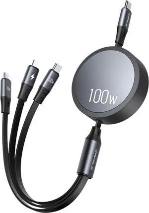 CAFELE 2025 Upgraded 100W Multi Charging Cable, Retractable USB C 3 in 1 Charging Cable with Type C/L/Micro, 5A Fast Charger Cord for Phone 16 15 14, Galaxy S23/S24/S25, MBook, Pad, Multiple Devices