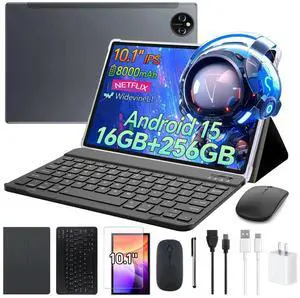 Tablet 10.1inch Android 15 with Keyboard,Octa-Core Tablets, 16GB RAM 256GB Storage 1TB Expandable, 13MP Dual Cameras 5MP Front,8000mAh,GPS,WiFi 5 BT5.0 with Case, Mouse & Stylus M6- Titanium Gray