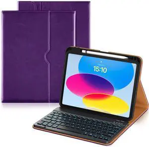DTTO for iPad 11th (A16)/ 10th Generation Case with Keyboard (2025/2022), 7 Colors Backlit Wireless Detachable Keyboard Leather Folio Cover with Pencil Holder & Pocket, Deep Purple