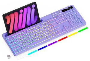 Soueto Wireless Keyboard with 7-Color RGB Backlit, Full-Size Computer Keyboard with Phone Tablet Holder, 2.4G Rechargeable Gaming Keyboard with Light Up Keys, Compatible with Mac, Windows (Purple)