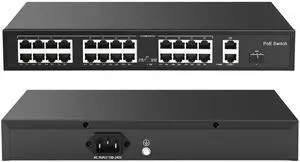 24-Port 120W PoE Switch, 2 Gigabit Uplink Ports, 802.3af/at, Supports 4K/8MP/5MP IP Cameras, Metal Housing, Plug & Play, Lightning Protection, PA-POE24