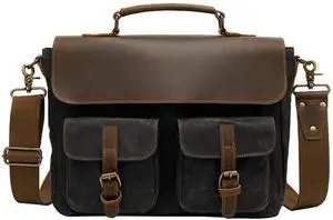 15.6" Waxed Canvas Laptop Bag - Vintage Briefcase with Leather Accents,Unisex Office Crossbody Bag