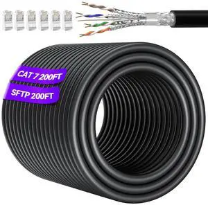 Cat 7 Outdoor Ethernet Cable 200ft Bulk (10 RJ45), Cat7 SFTP Triple Shielded Ethernet Cable, High Speed 10Gbps, 24AWG, Waterproof, Direct Burial, UV Resistant Internet Cables 200ft for Modem Router