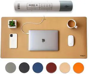 Nordik Leather Desk Mat Cable Organizer - Champagne Beige 35 X 17 inch - Premium Extended Mouse Mat for Home Office Accessories - Non-Slip Vegan Leather Desk Pad Protector & Desk Blotter Pad