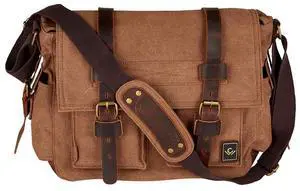 Cole Wheeler Canvas Messenger Bag with leather trim, Olive, 15.3 x 4.33 x 12.2 inches