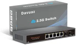 Davuaz 2.5G Unmanaged Ethernet Switch with 5 x 2.5G Base-T Ports and 2 x 10G SFP Uplink Port, Compatible with 100/1000/2500Mbps, Fanlesss Design, Plug & Play, Metal 2.5Gb Network Switch