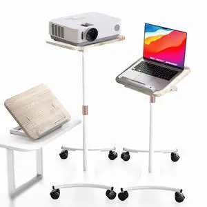 Rolling Laptop Floor Stand, Dual-Purpose for Desk & Floor, Adjustable Height from 16.5" to 51", with 4 Lockable Casters & Book Page Clips, Laptop Stand Ideal for Projectors, Books, Ipads (White)