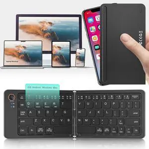 QUZZZRING Foldable Keyboard Mini Wireless Portable Full Size - Switch Up to 3 Devices, Ultra-Slim Travel for iPhone for iPad for Mac for iOS for Android for Windows(Black02)