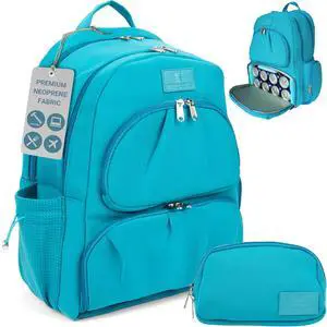 Varibasics Alira Womens Neoprene Laptop Backpack Set with Cooler Compartment & Coordinating Belt Bag, Premium Work Travel Backpack Fits 17 Laptop, Durable Large Bag for Office, Gym & Mom Life (Blue)