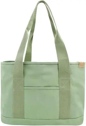 Canvas Tote Bag Casual Multi pockets Handbags Large Capacity Shopping Shoulder Bag with Laptop Layer Work Purses green L